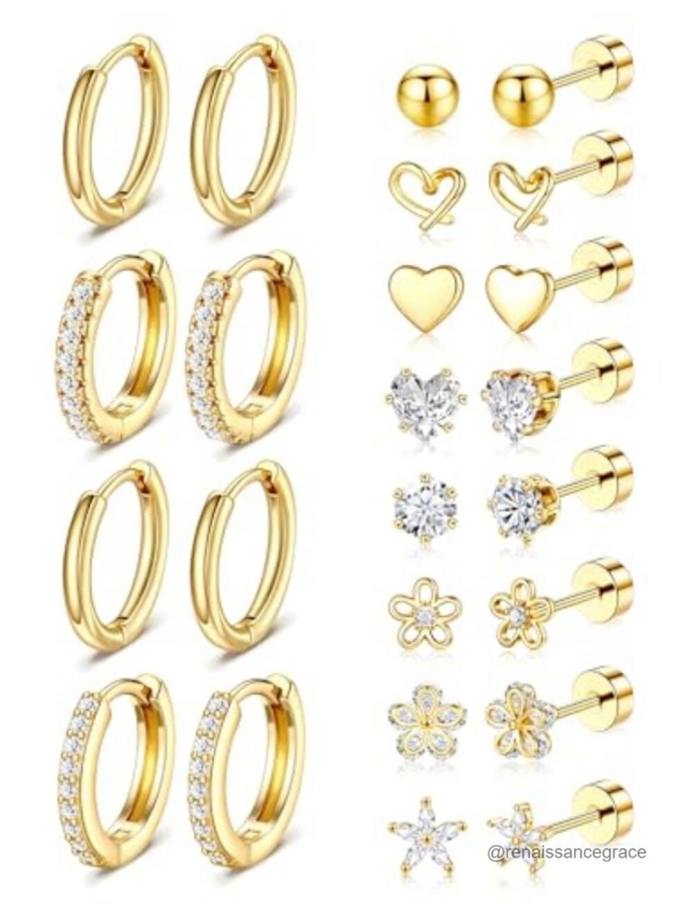 14k Gold Plated Hypoallergenic Earrings Set Stud & Hoop Surgical Stainless